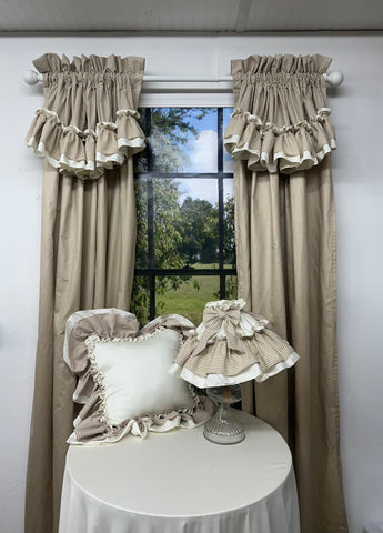 Clarissa Cottage Ruffled Swag Curtain in Gingham/Khaki *Patent Pending*